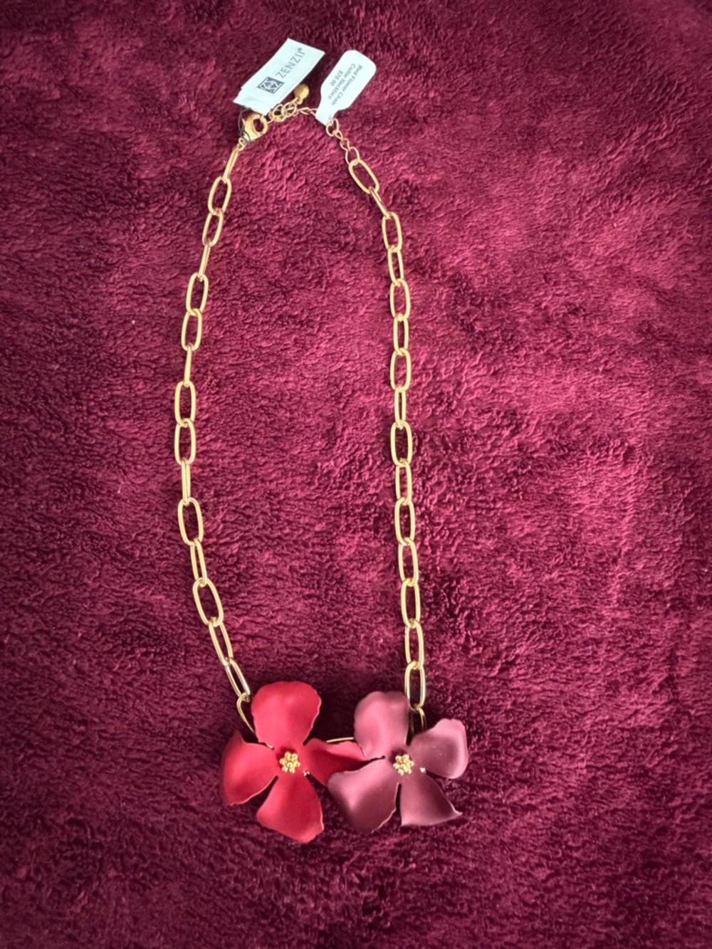 Zenzii Gold-Tone Chain Necklace with Red and Pink Floral Charms